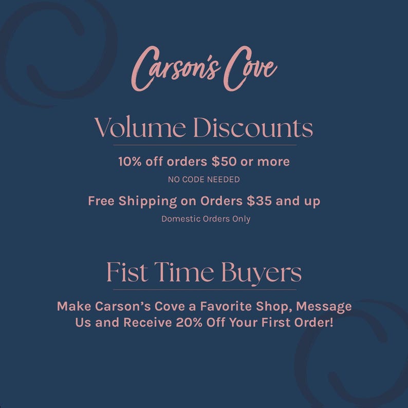 The image is a promotional graphic for Carson's Cove, featuring a blue background with white text and a pink and blue design element.