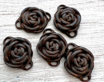 Rose Connector, Large Rustic Brown Flower Charm, Jewelry