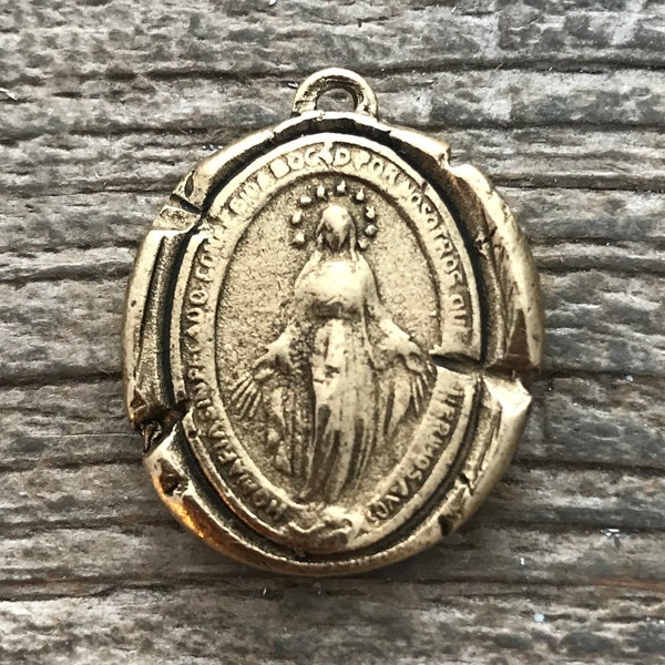 Wax Seal Mary Medal, Catholic Religious Pendant, Blessed Mother, Antiqued Gold Charm, Religious Jewelry, GL-6065