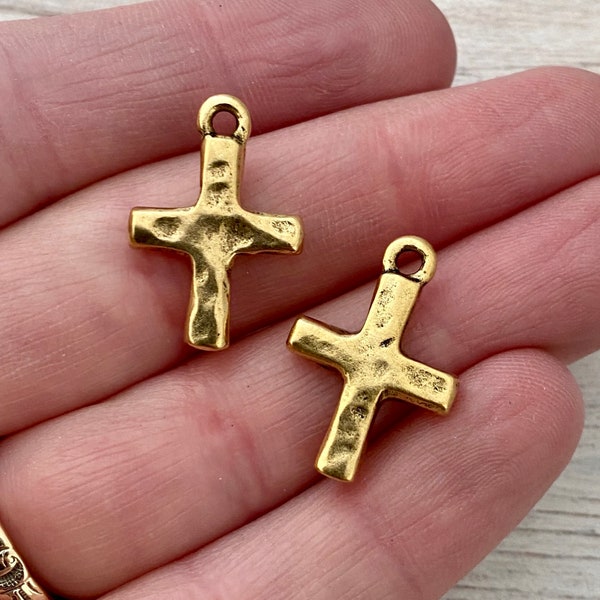 2 Hammered Cross Charm, Antiqued Gold Block Cross, Religious, Spiritual Jewelry Making, GL-6156