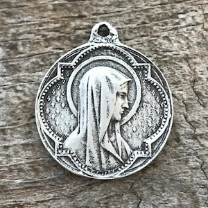 Medalla de María, Virgen María, dije redondo de plata antigua, Santísima Madre, joyería religiosa, joyería católica cristiana, PW-6049