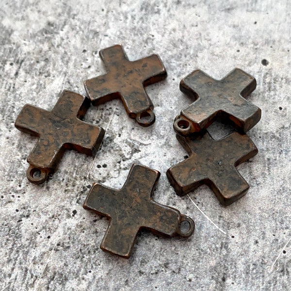 Chunky Block Cross Charm, Small Antiqued Rustic Brown Modern Pendant, BR-6182