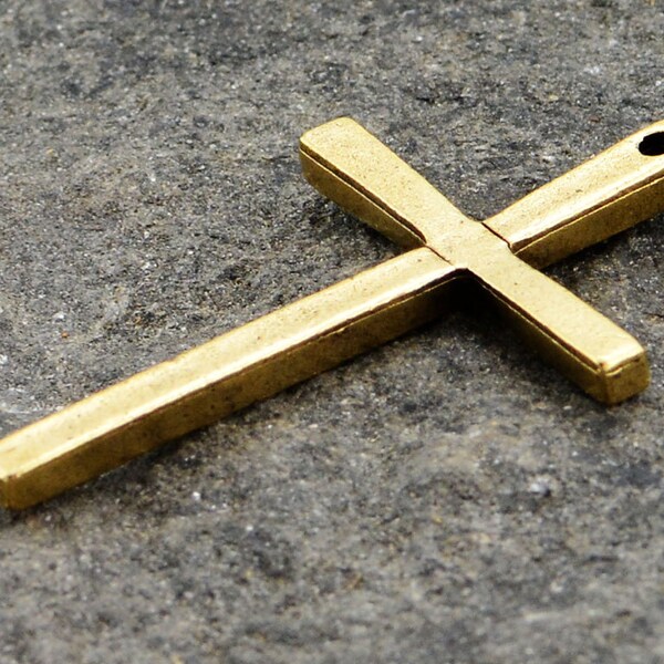 2 Cross Pendant, Rosary, Stick Cross, Antique Gold, Crucifix, Religious Cross, Cross Charm, Simple, GL-6014