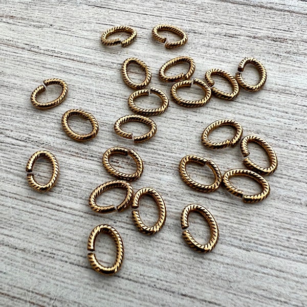 6x8mm Oval Antiqued Gold Jump Rings, Texturé Brass Jump Rings, 20 anneaux, GL-3010