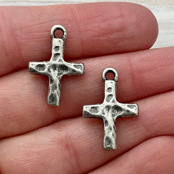 2 Hammered Cross Charm, Silver Pewter Block Cross, Religious, Spiritual Jewelry Making, PW-6156