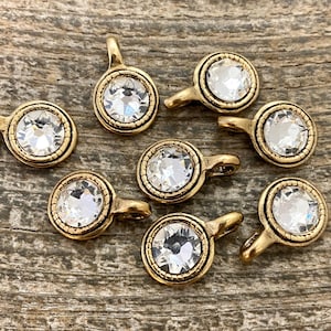 Large Swarovski Crystal Clear Charm, Antiqued Gold Pendant, Jewelry Making Artisan Findings, GL-6406