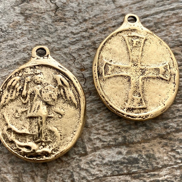 Archangel St. Michael, Catholic Medal, Antiqued Gold Cross Pendant, Religious Charm, Protect Us, Protection Christian Jewelry, GL-6177