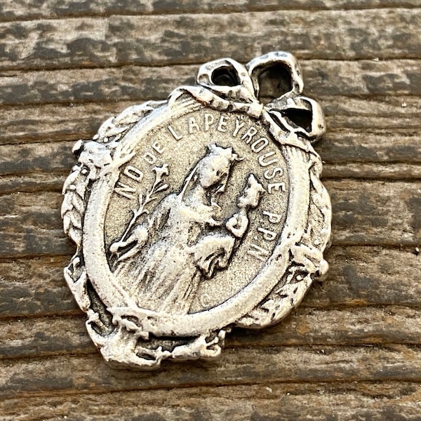 French Mary Medal with Bow, Notre Dame of Lapeyrouse, Silver Religious Jewelry Charm Pendant, SL-6101