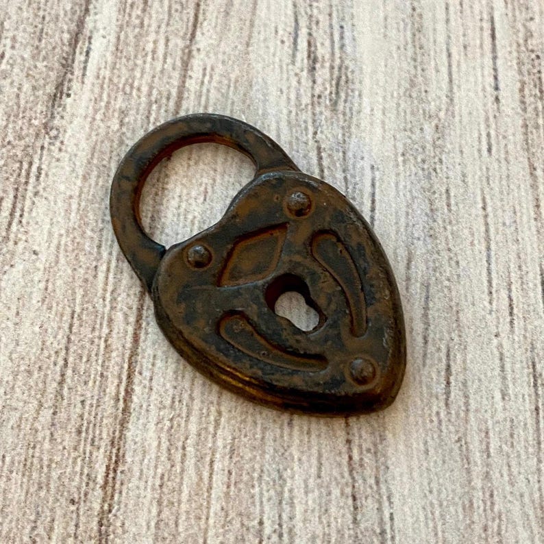 Heart Lock Charm, Rustic Brown Lock Pendant, Artisan Jewelry Supplies, Carson's Cove, BR-6184 image 1