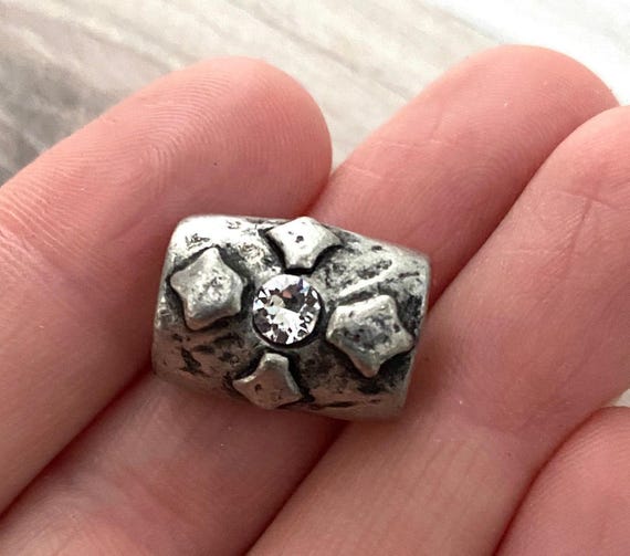 Large Artisan Barrel Bead with Swarovski Crystal Rhinestone, Antiqued Silver Pewter Cross Flower Slider Jewelry Components Supplies, PW-6116