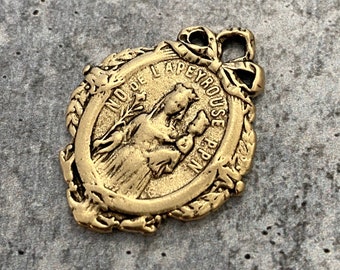 French Mary Medal with Bow, Notre Dame of Lapeyrouse, Antiqued Gold Religious Jewelry Charm Pendant, GL-6101