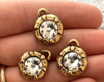 Swarovski Large Crystal Clear Charm, Georgian Style Antiqued Gold Pendant, Jewelry Making Artisan Findings, GL-6411