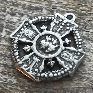 Sacred Immaculate Heart Cross, Notre Dame Catholic Religious French Medal, Antiqued Silver Charm, Jewelry Making Supplies, PW-6070
