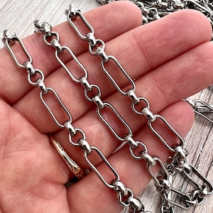 Silver Clip Chain, Alternating Long and Short Links, Chain by the Foot, Oval Cable, Jewelry Supplies, PW-2046
