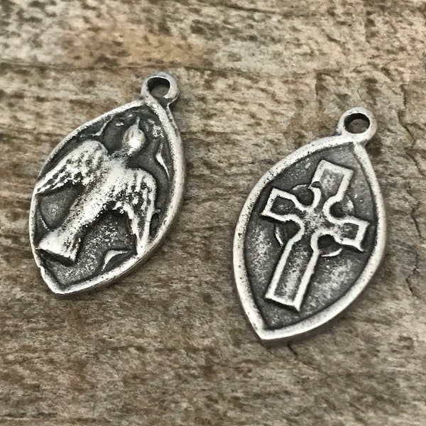 2 Cross Charm, Dove Charm, Holy Spirit Medal, Bird Charm, Saint Esprit, Silver Cross Charm, Religious Jewelry Making Supplies PW-6037