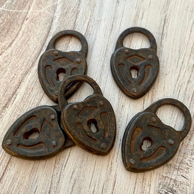 Heart Lock Charm, Rustic Brown Lock Pendant, Artisan Jewelry Supplies, Carson's Cove, BR-6184 image 3