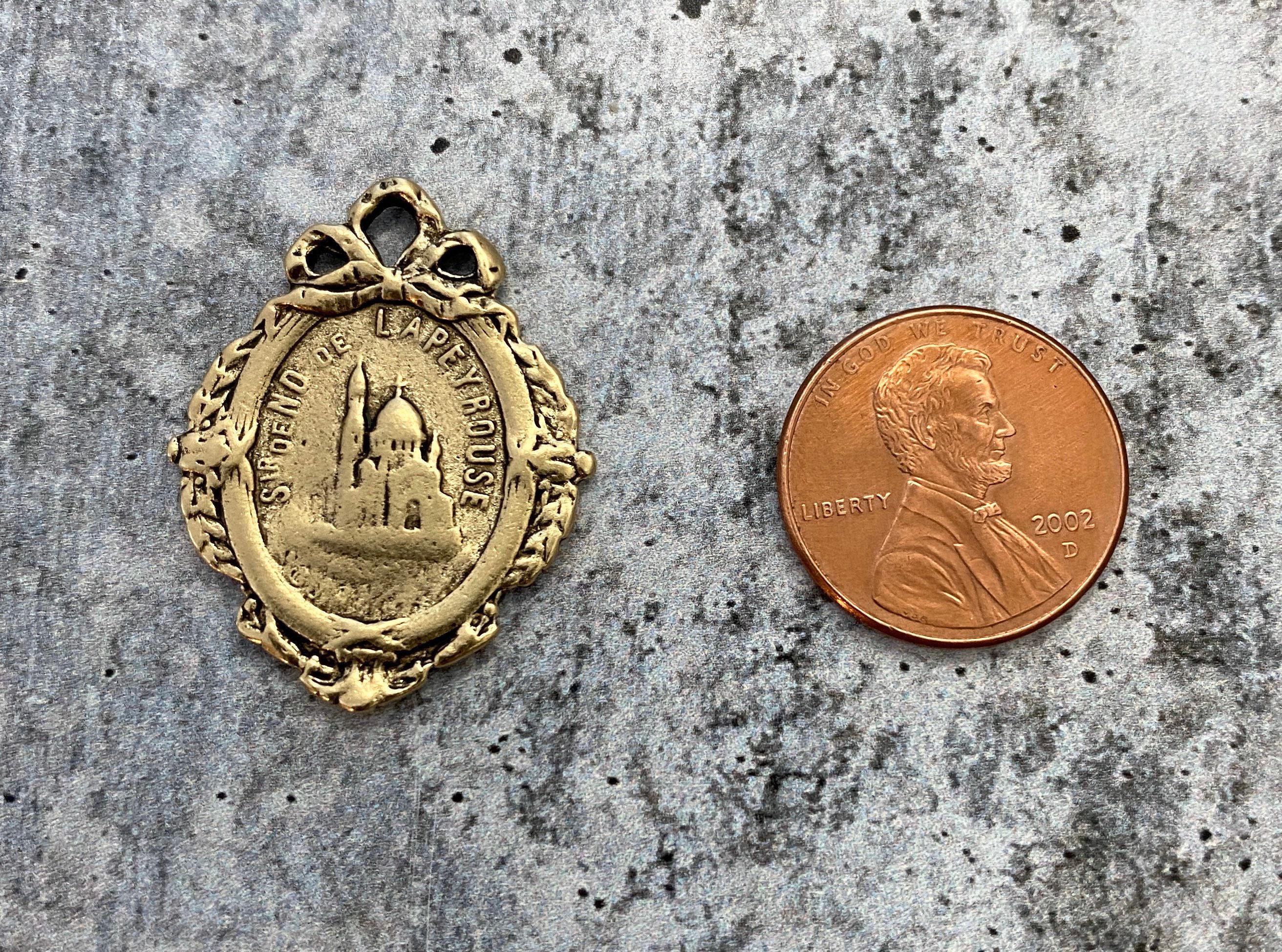 French Mary Medal With Bow, Notre Dame of Lapeyrouse, Antiqued Gold ...