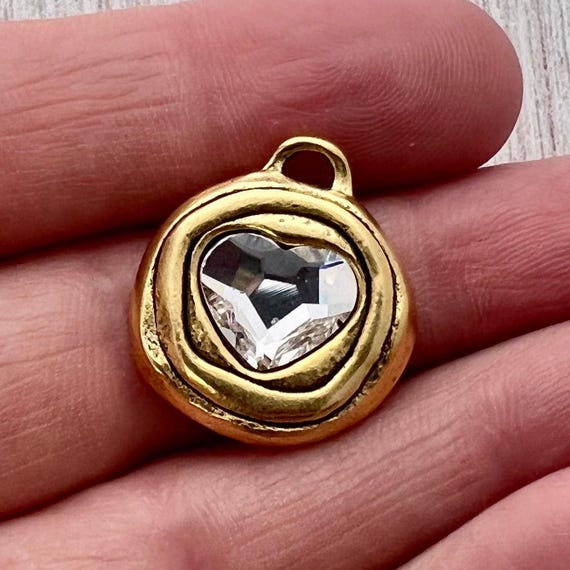 Heart Crystal Rhinestone Charm, Antiqued Gold Artisan Pendant for Jewelry, GL-6430
