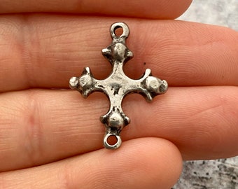 Dotted Cross Connector, Antiqued Silver Artisan Charm, Jewelry Making Supplies, PW-6097