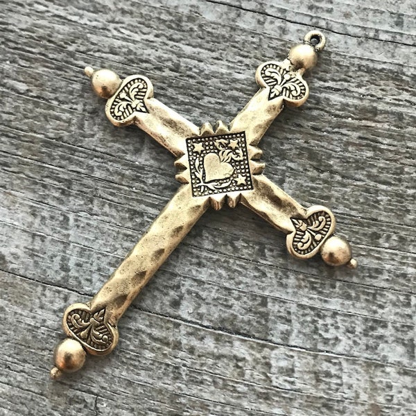 Sacred Heart Cross, French Jeannette Cross, Floral Cross Pendant, Antiqued Gold Cross, Catholic Rosary Parts, Religious Jewelry, GL-6045