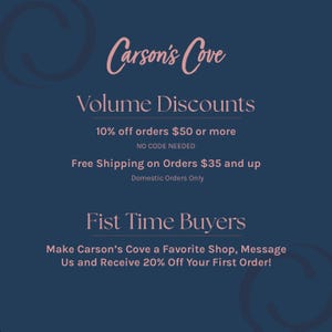 The image is a promotional graphic for Carson's Cove, featuring a blue background with white text and a pink and blue design element.