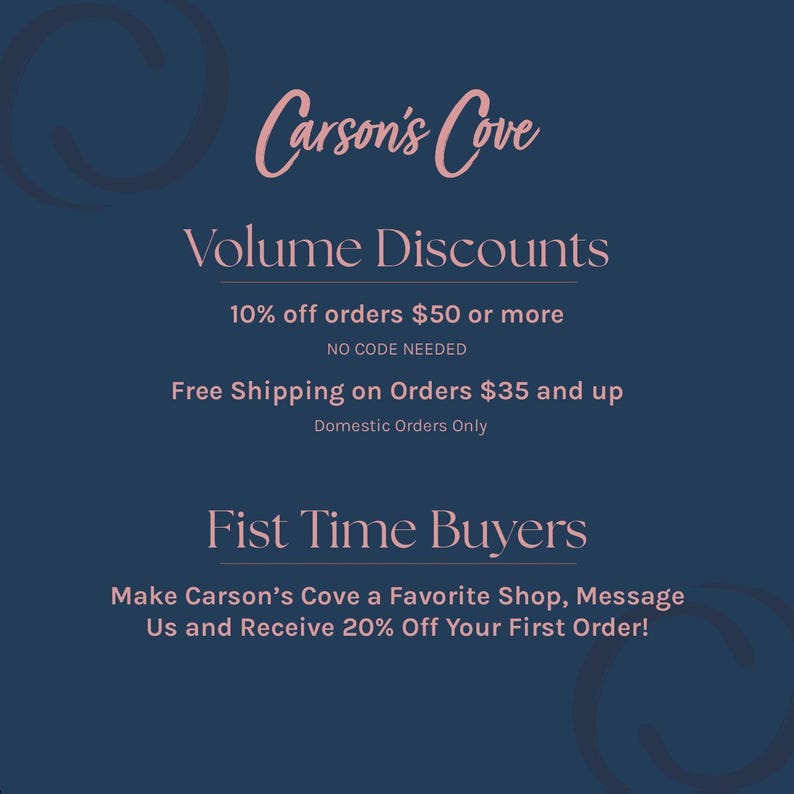 The image is a promotional graphic for Carson's Cove, featuring a blue background with white text and a pink and blue design element.