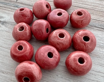 4 Large Pink Ceramic Glazed Beads, Jewelry Finding Making Supplies, BD-4002