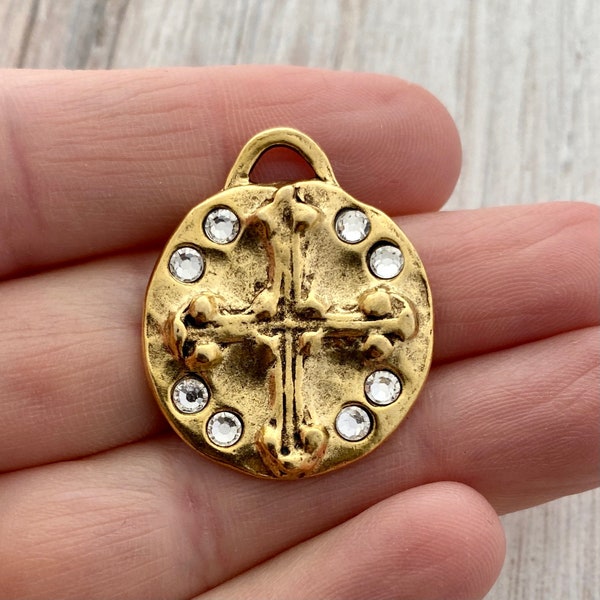 Crystal Antiqued Gold Cross Charm, Rhinestone Jewelry Making, Old World Artisan Findings, GL-6211