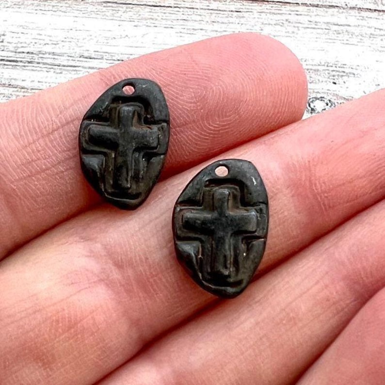 2 Hammered Small Cross Charm, Rustic Brown Artisan Cross, Religious, Spiritual Jewelry Making, BR-6226 image 1