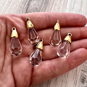 Small Chandelier Crystal Prism Drop Charm, Rounded Clear with Gold Pewter Bead Cap, Jewelry Making Artisan Findings, GL-6425