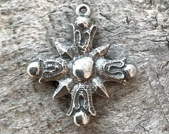 Cross Charm, Silver Cross, Cross Pendant, Star Sun Flame Cross, Religious Jewelry, Christian Jewelry, Jewelry Making Supply, Gift, PW-6044