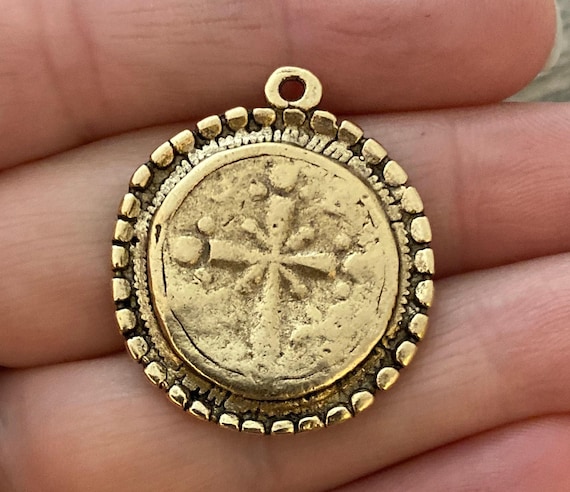 Dotted Ancient Circle Cross Charm Token, Antiqued Gold Religious Christian Jewelry Making Supplies, GL-6166