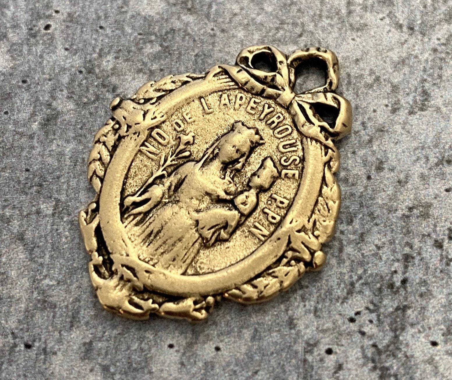 French Mary Medal With Bow, Notre Dame of Lapeyrouse, Antiqued Gold ...