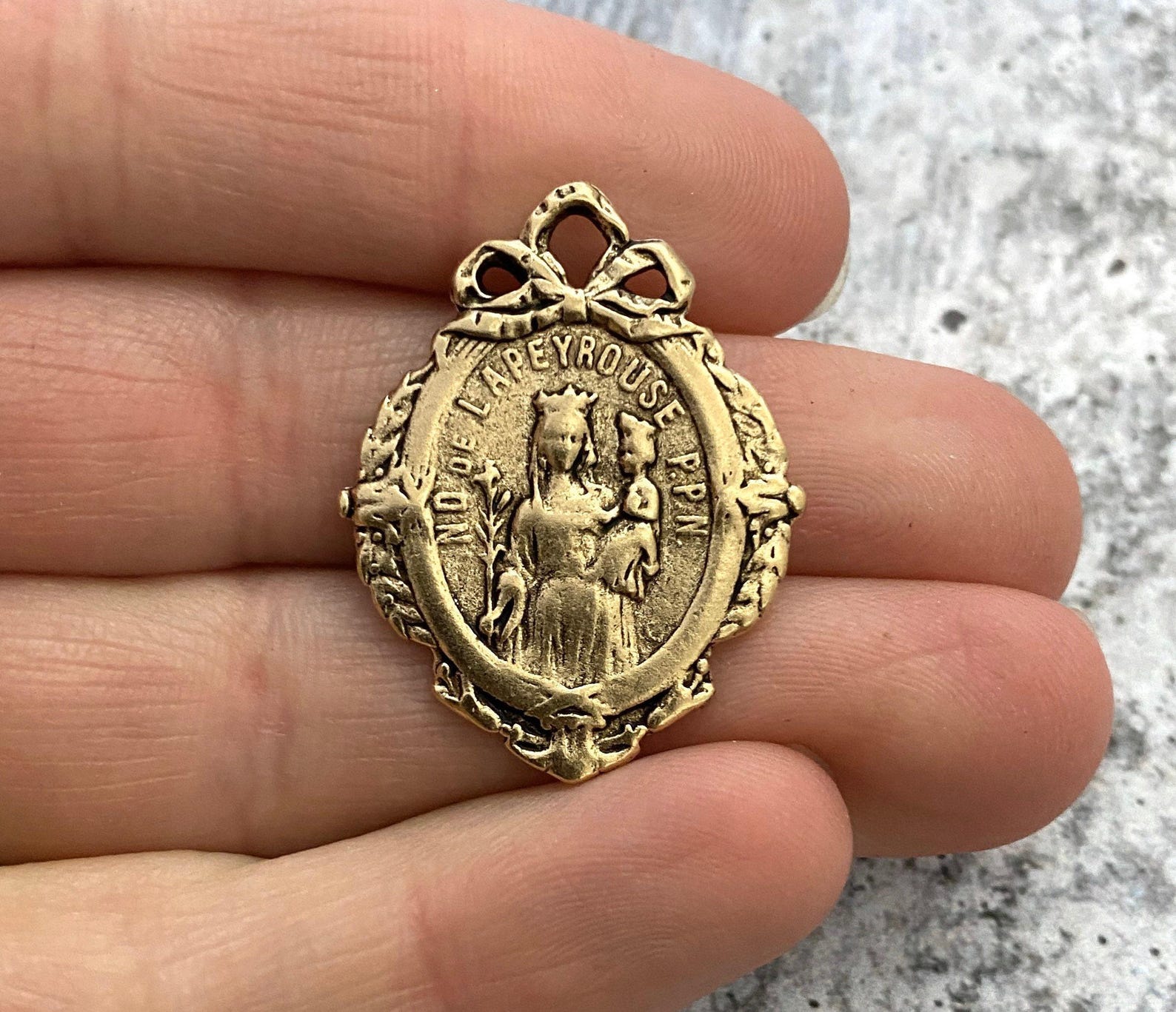 French Mary Medal With Bow, Notre Dame of Lapeyrouse, Antiqued Gold ...