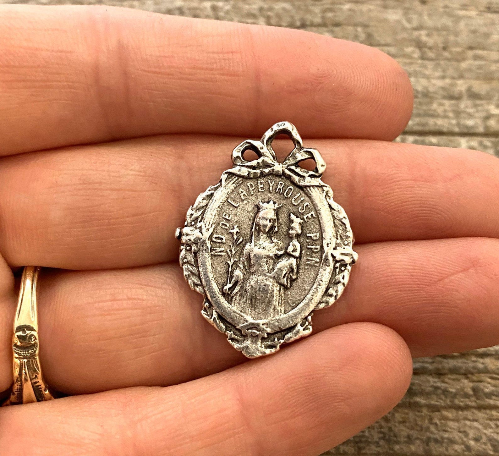 French Mary Medal With Bow, Notre Dame of Lapeyrouse, Silver Religious ...