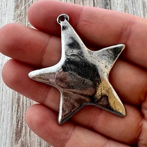 Large Smooth Star Pendant, Silver Pewter Artisan Charm for Jewelry Design, PW-6270