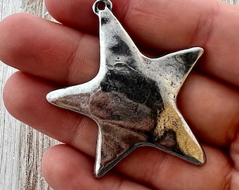 Large Smooth Star Pendant, Silver Pewter Artisan Charm for Jewelry Design, PW-6270