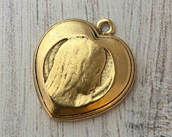 Mary Heart Medal, Catholic Religious Pendant, Blessed Mother, Antiqued Gold Jewelry Charm, GL-6172