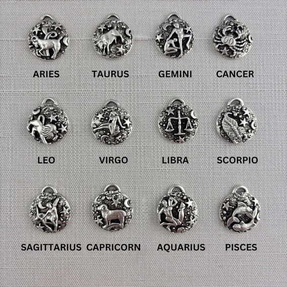 Zodiac Pendant, Silver Horoscope Charm, Birth Month Astrology Jewelry Making Medal, SL-6324