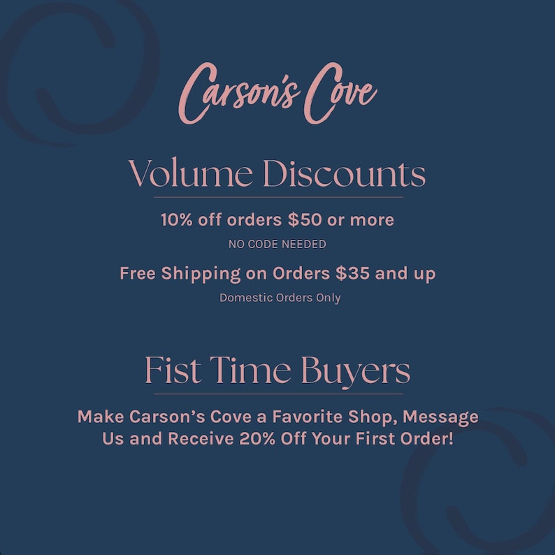 The image is a promotional graphic for Carson's Cove, featuring a blue background with white text and a pink and blue design element.