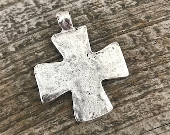 Cross Pendant, Silver Cross, Hammered Cross, Leather Cross, Religious Cross, Cross Charm, Jewelry Supplies, SL-6138