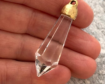 Chandelier Crystal Prism Drop Pendant, Clear with Gold Pewter Bead Cap, Jewelry Making Artisan Findings, GL-S014