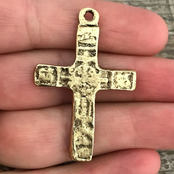 Ancient Cross, Antiqued Gold Cross Pendant, Large Artisan Cross, Crucifix, GL-6059