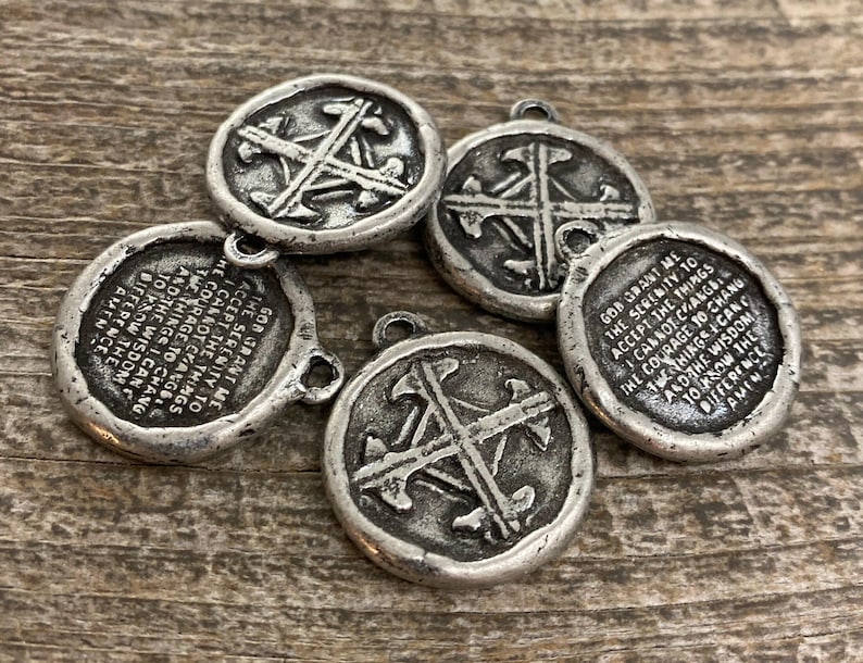 Soldered Serenity Prayer Coin, Pocket Cross Charm, Sobriety Token, Antiqued Silver Religious Christian Men's Jewelry, PW-6090 image 6