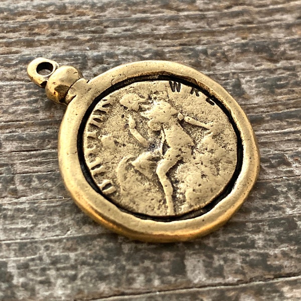 Old World Greek Coin Replica with Setting, Antiqued Gold Charm Pendant, Woman Lady Coin, Jewelry Supplies, GL-6195