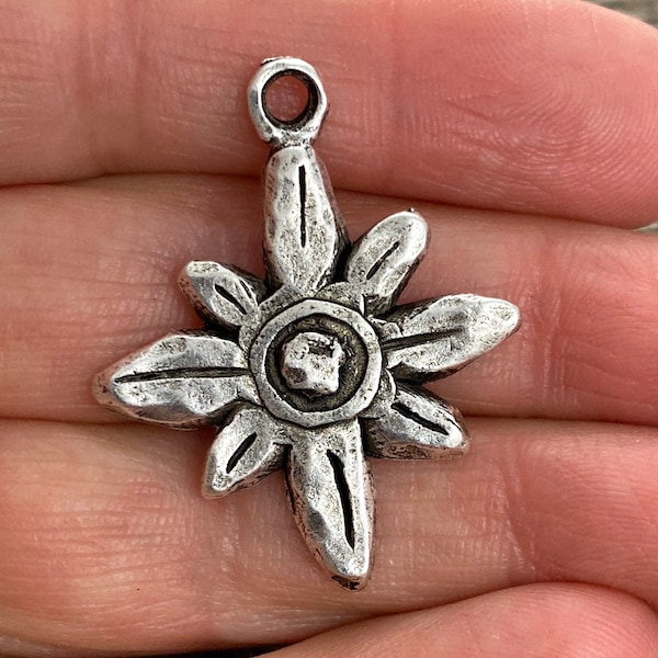 Hammered Flower Charm, Antiqued Silver Pendant for Jewelry, SL-6086
