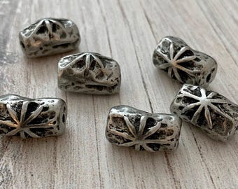 Organic Hammered Artisan Tube Bead with Star, Antiqued Silver Finding, Jewelry Components Supplies, PW-6112