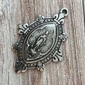 French Mary Medal, Fleur de Lis Pendant, Antiqued Silver Charm, Catholic Religious Christian Jewelry, PW-6081