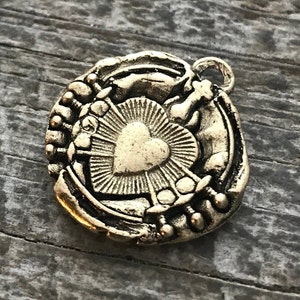 Wax Seal Medal, Catholic Religious Immaculate Heart of Seven 7 Sorrows, Antiqued Gold Charm, Religious Jewelry, GL-6062