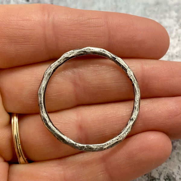 Large Hammered Ring Connector, Antiqued Silver Hoop Eternity Ring, Leather Circle Link, Charm Holder, PW-6092